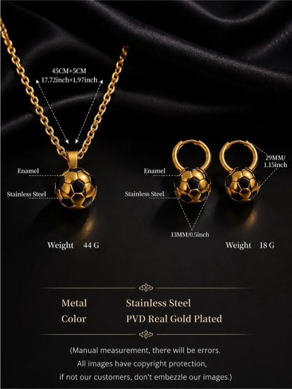 Gold and Black Soccer Ball Pendant Necklace with Matching Hoops